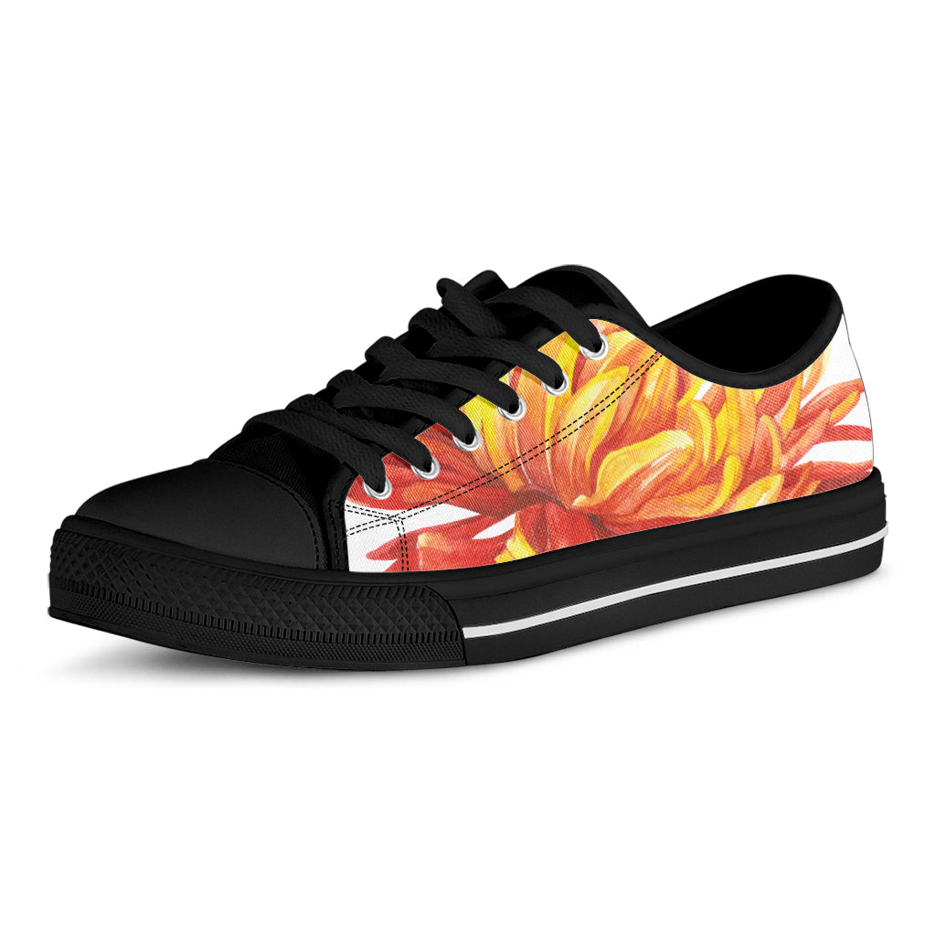 Watercolor Chrysanthemum Print Black Low Top Shoes