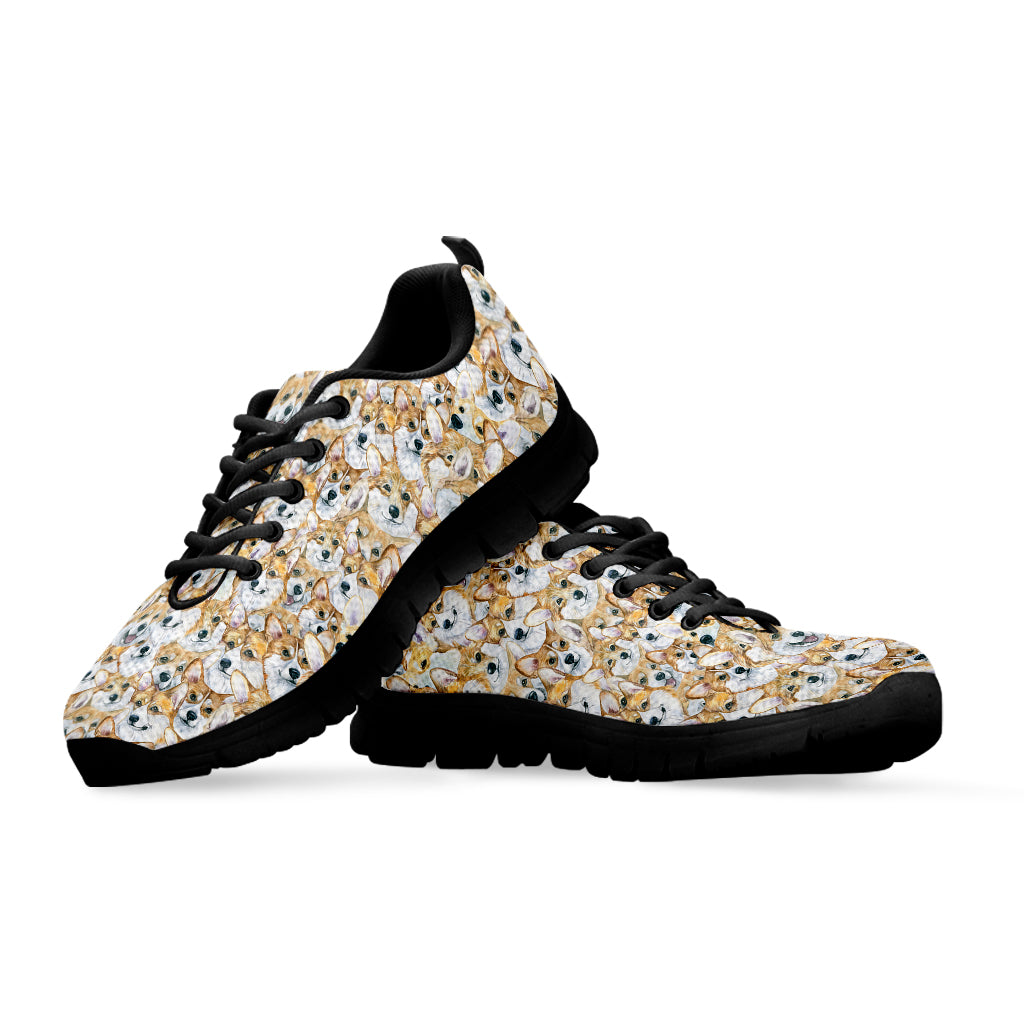 Watercolor Corgi Pattern Print Black Sneakers