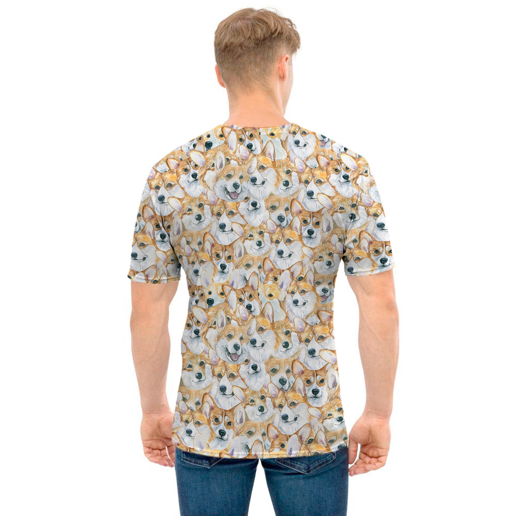 Watercolor Corgi Pattern Print Men's T-Shirt