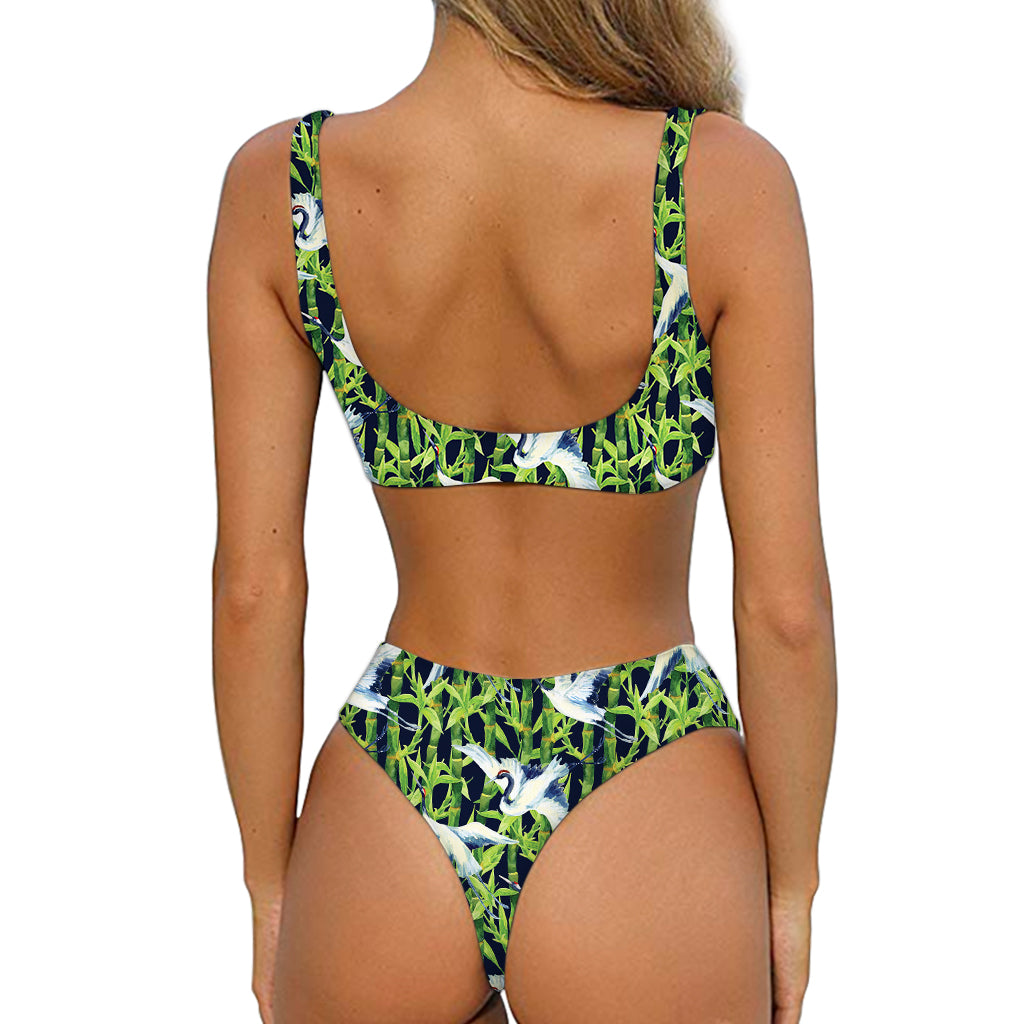 Watercolor Crane Bird Pattern Print Front Bow Tie Bikini
