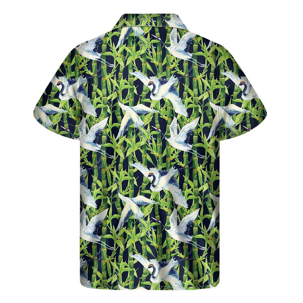 Watercolor Crane Bird Pattern Print Men's Short Sleeve Shirt