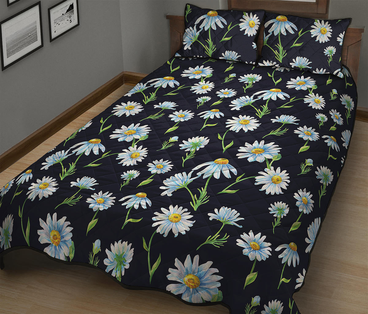 Watercolor Daisy Floral Pattern Print Quilt Bed Set