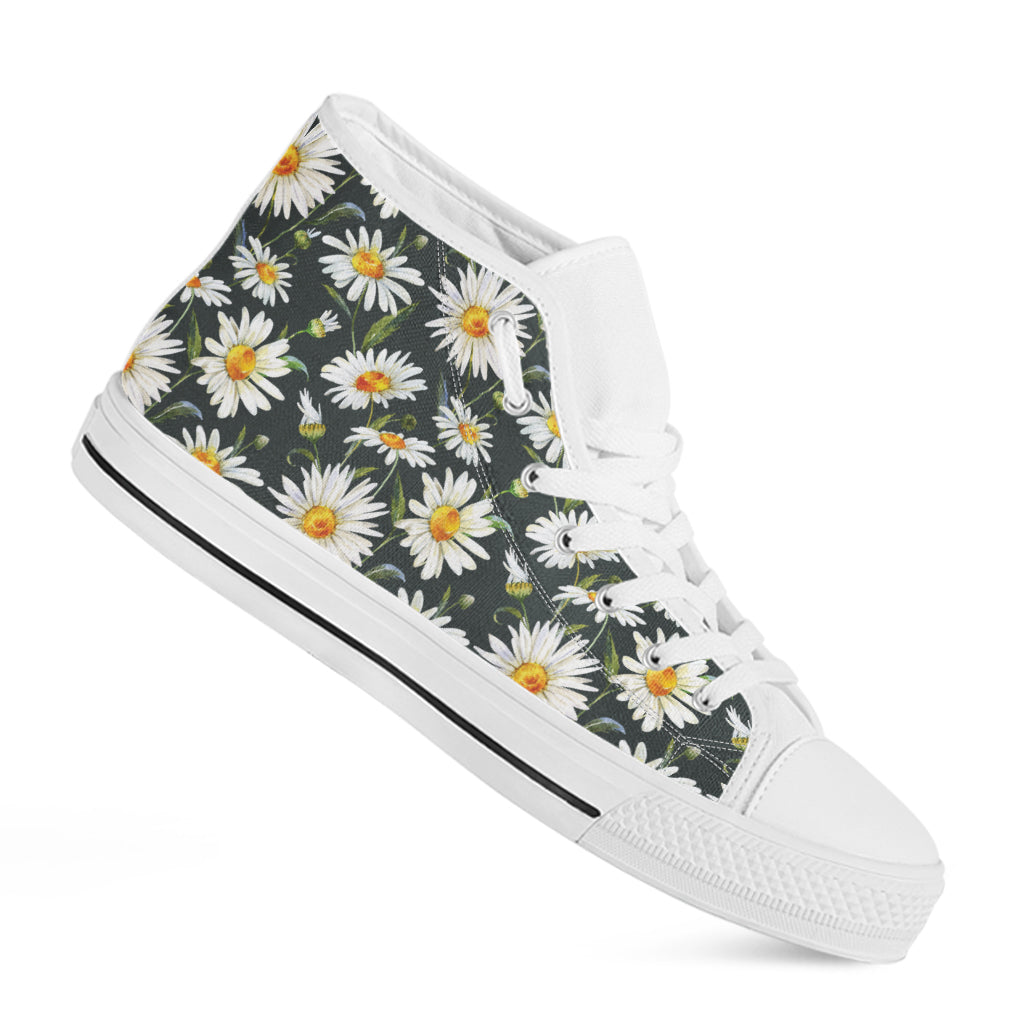 Watercolor Daisy Flower Pattern Print White High Top Shoes