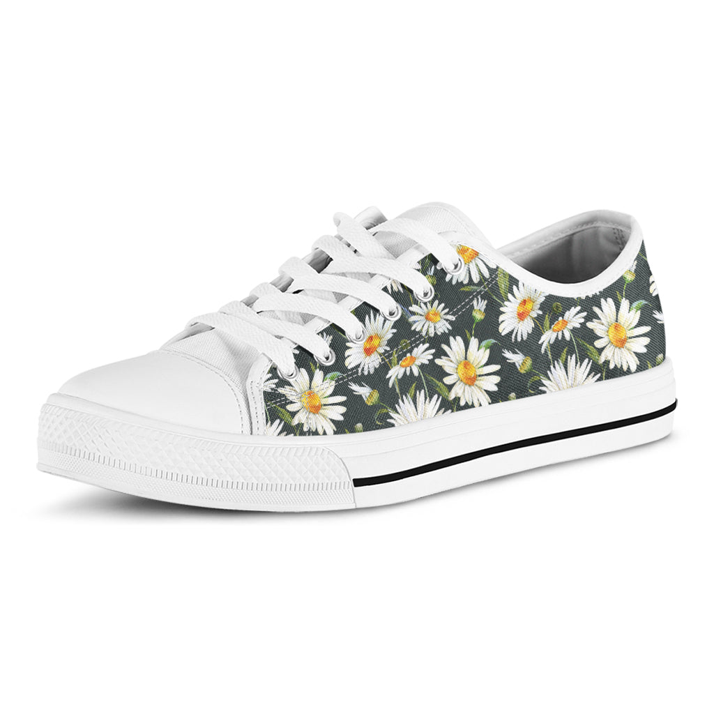 Watercolor Daisy Flower Pattern Print White Low Top Shoes