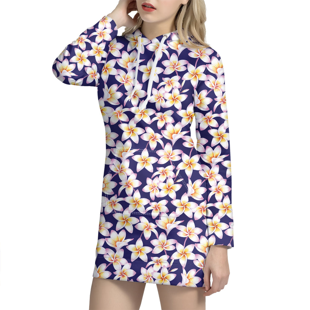 Watercolor Frangipani Flower Print Hoodie Dress