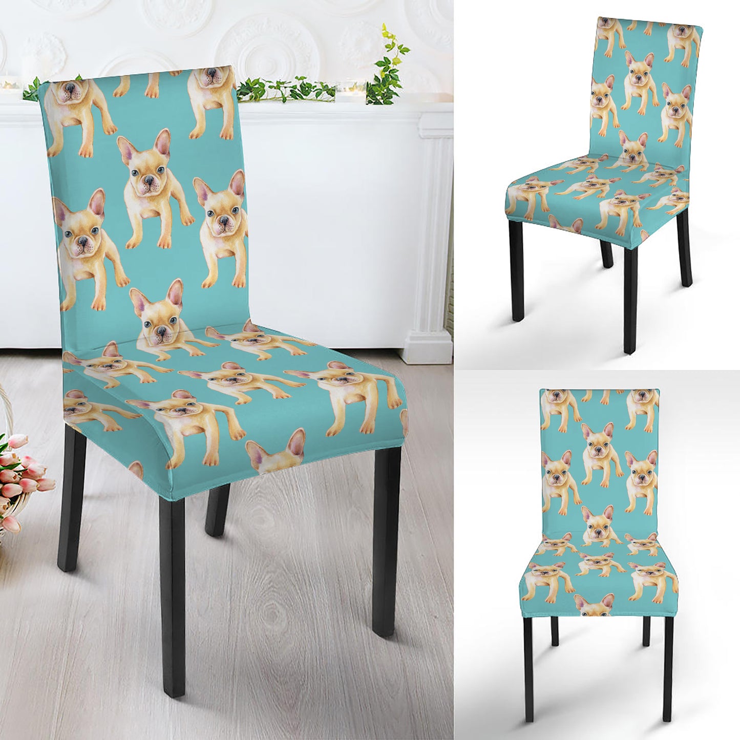 Watercolor French Bulldog Puppy Print Dining Chair Slipcover