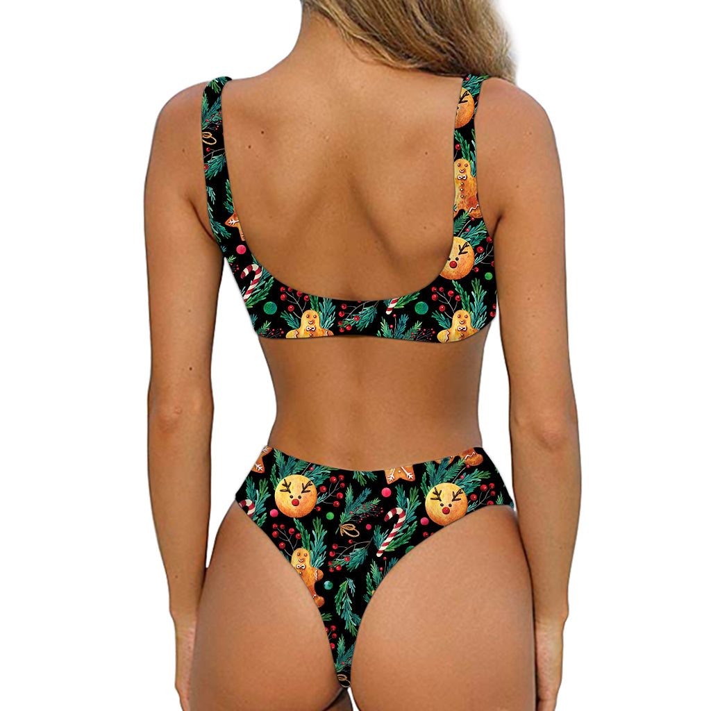 Watercolor Gingerbread Pattern Print Front Bow Tie Bikini