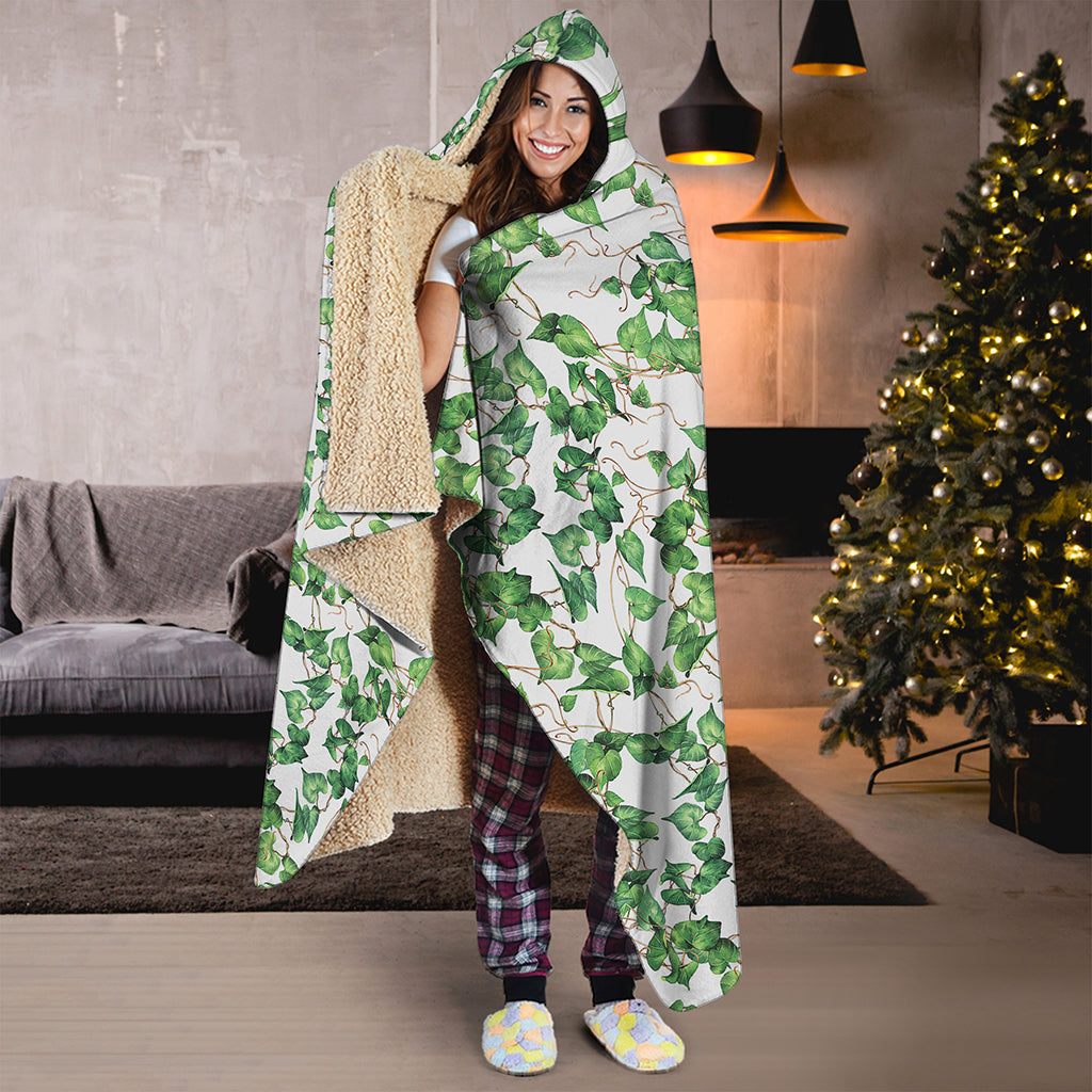 Watercolor Ivy Leaf Pattern Print Hooded Blanket