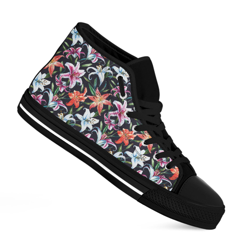 Watercolor Lily Flowers Pattern Print Black High Top Shoes