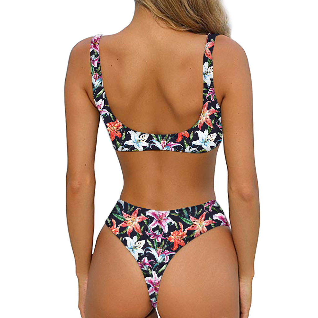 Watercolor Lily Flowers Pattern Print Front Bow Tie Bikini