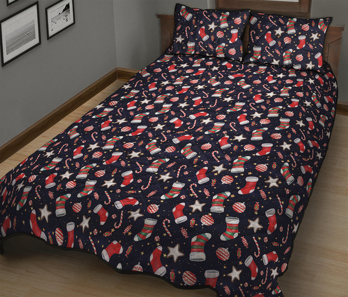 Watercolor Merry Christmas Pattern Print Quilt Bed Set