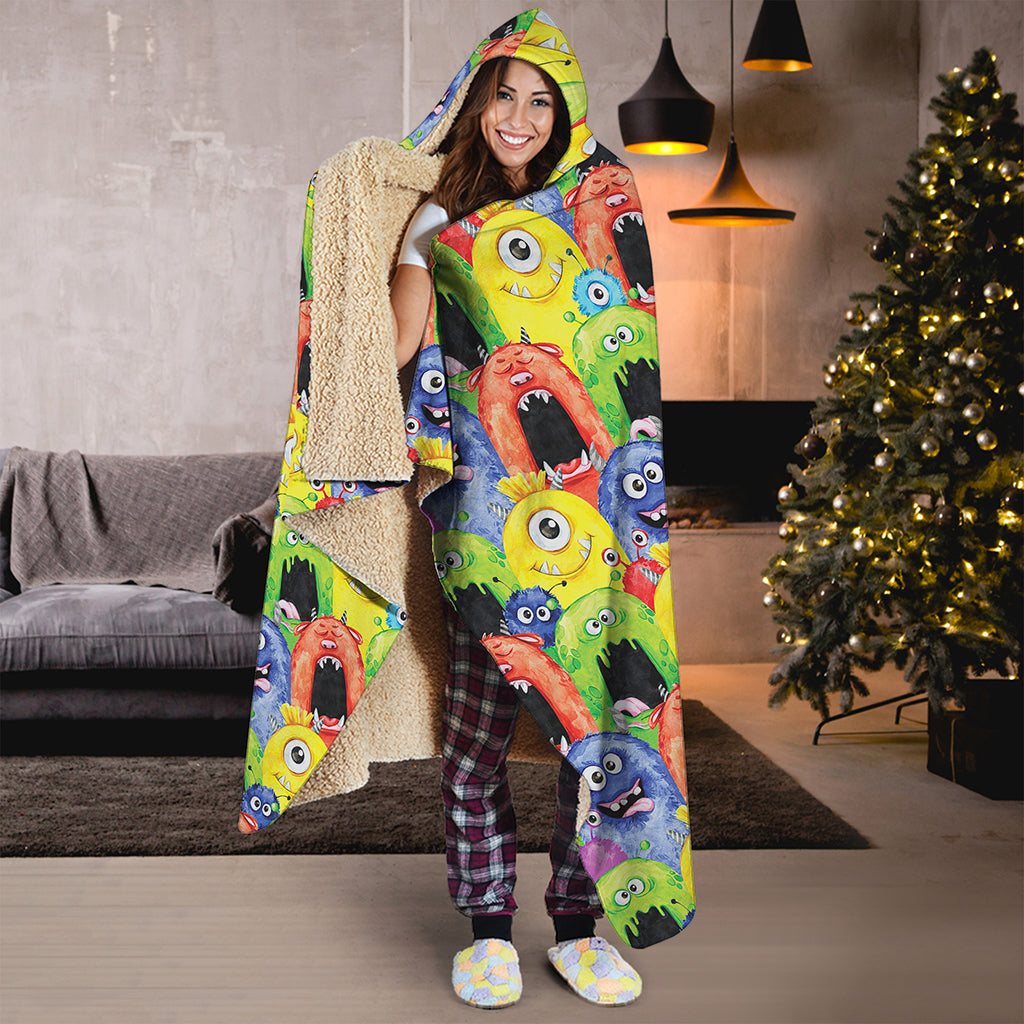 Watercolor Monster Pattern Print Hooded Blanket