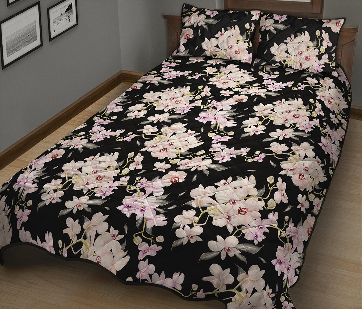 Watercolor Orchid Flower Pattern Print Quilt Bed Set