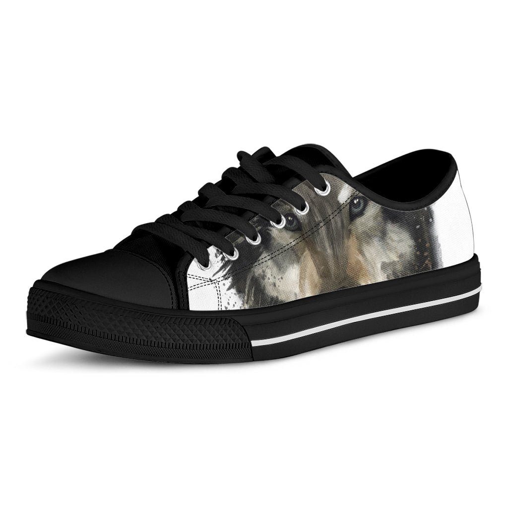Watercolor Painting Wolf Print Black Low Top Shoes