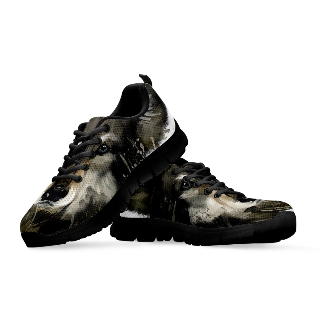 Watercolor Painting Wolf Print Black Sneakers