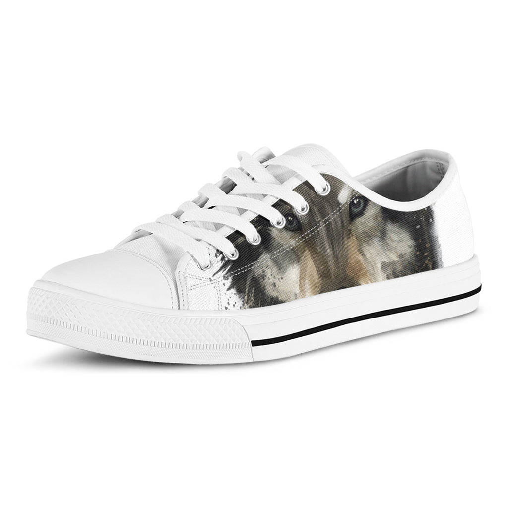 Watercolor Painting Wolf Print White Low Top Shoes