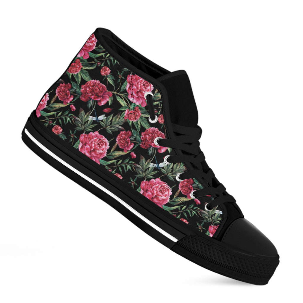 Watercolor Peony Pattern Print Black High Top Shoes