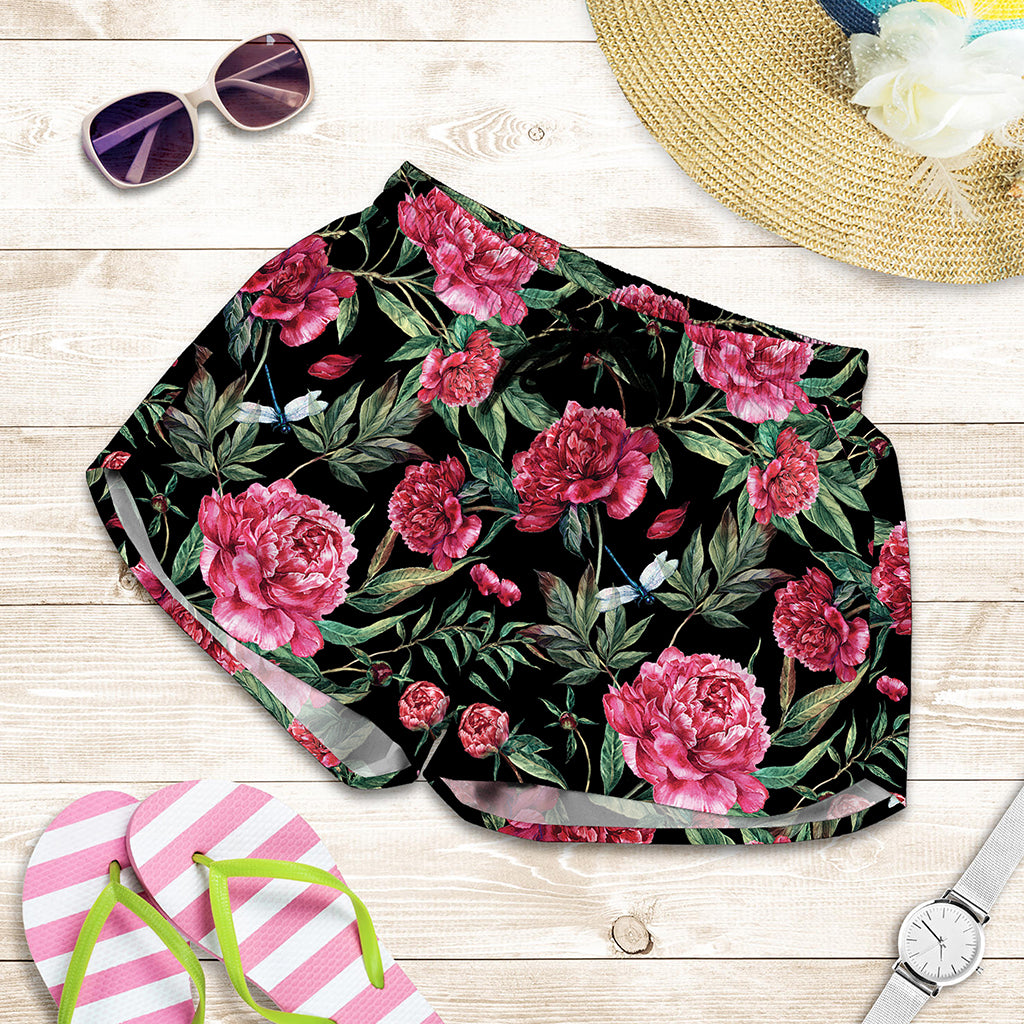 Watercolor Peony Pattern Print Women's Shorts