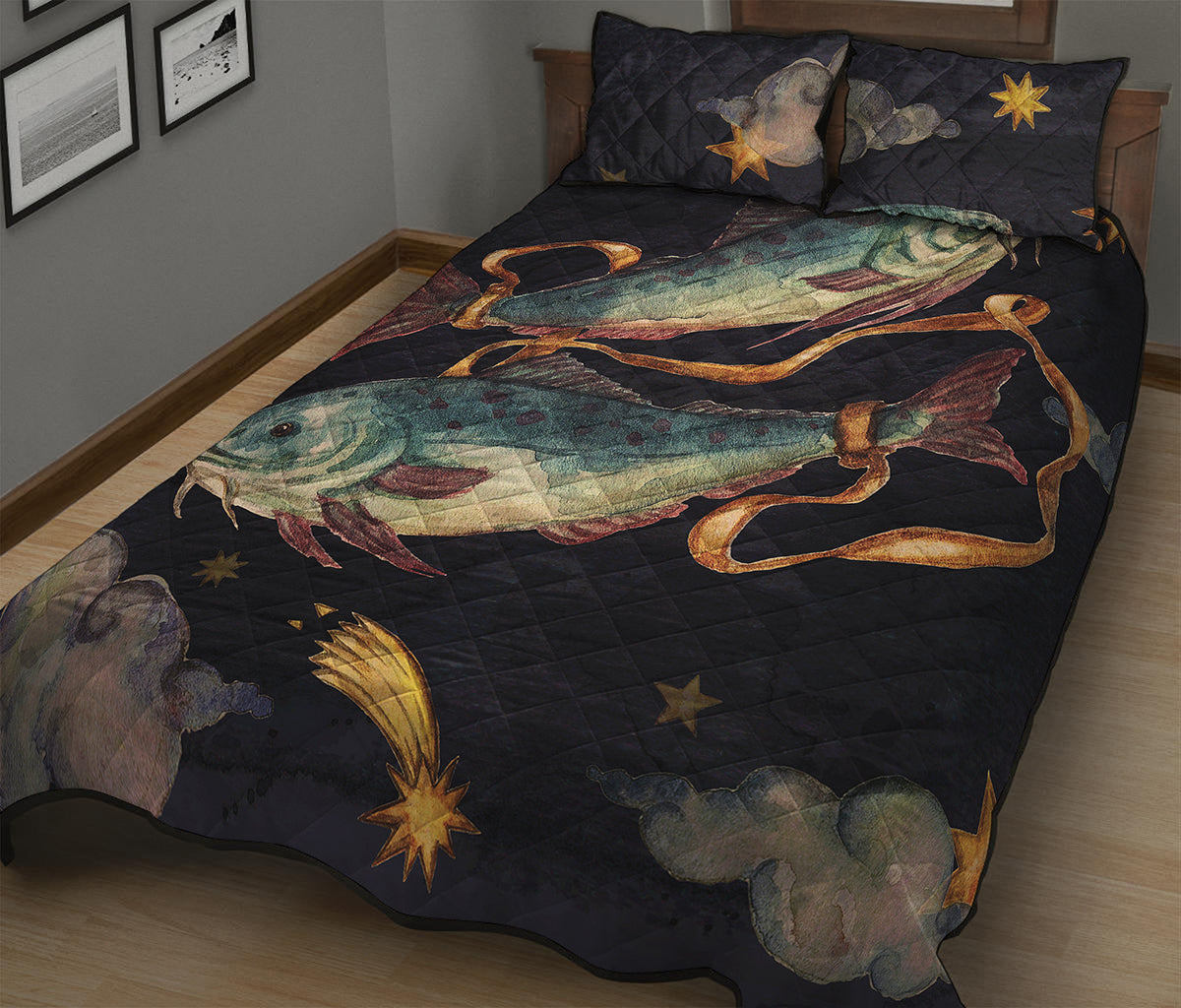 Watercolor Pisces Zodiac Sign Print Quilt Bed Set