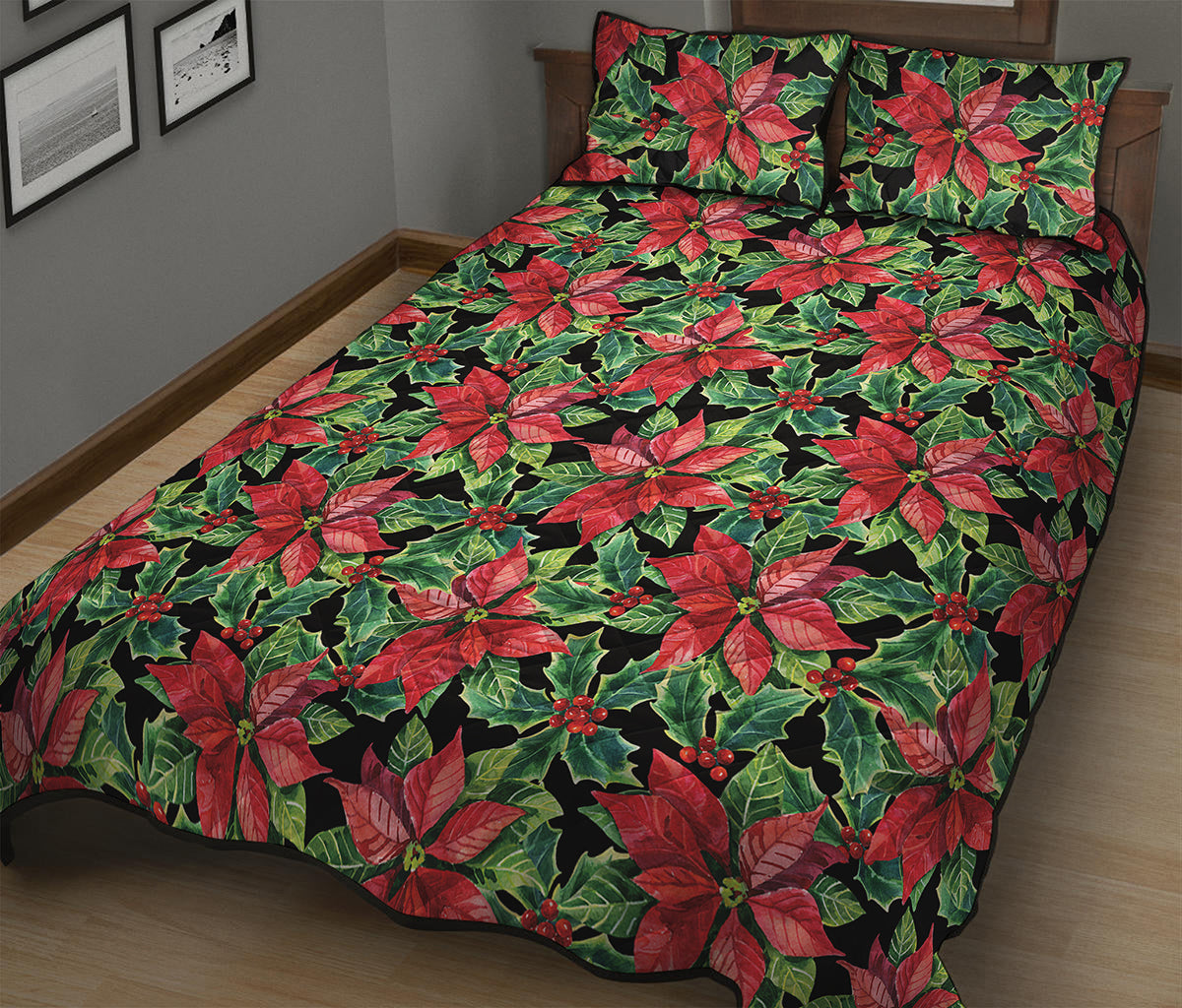Watercolor Poinsettia Pattern Print Quilt Bed Set