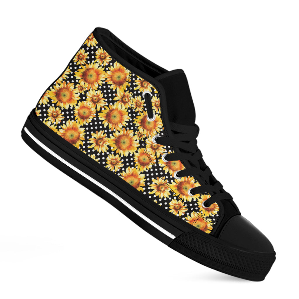 Watercolor Polka Dot Sunflower Print Black High Top Shoes