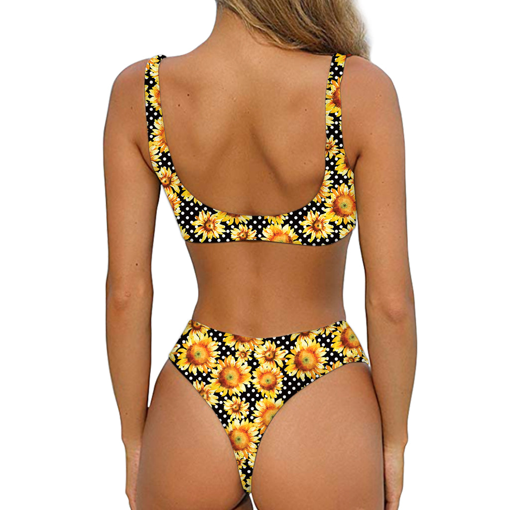 Watercolor Polka Dot Sunflower Print Front Bow Tie Bikini