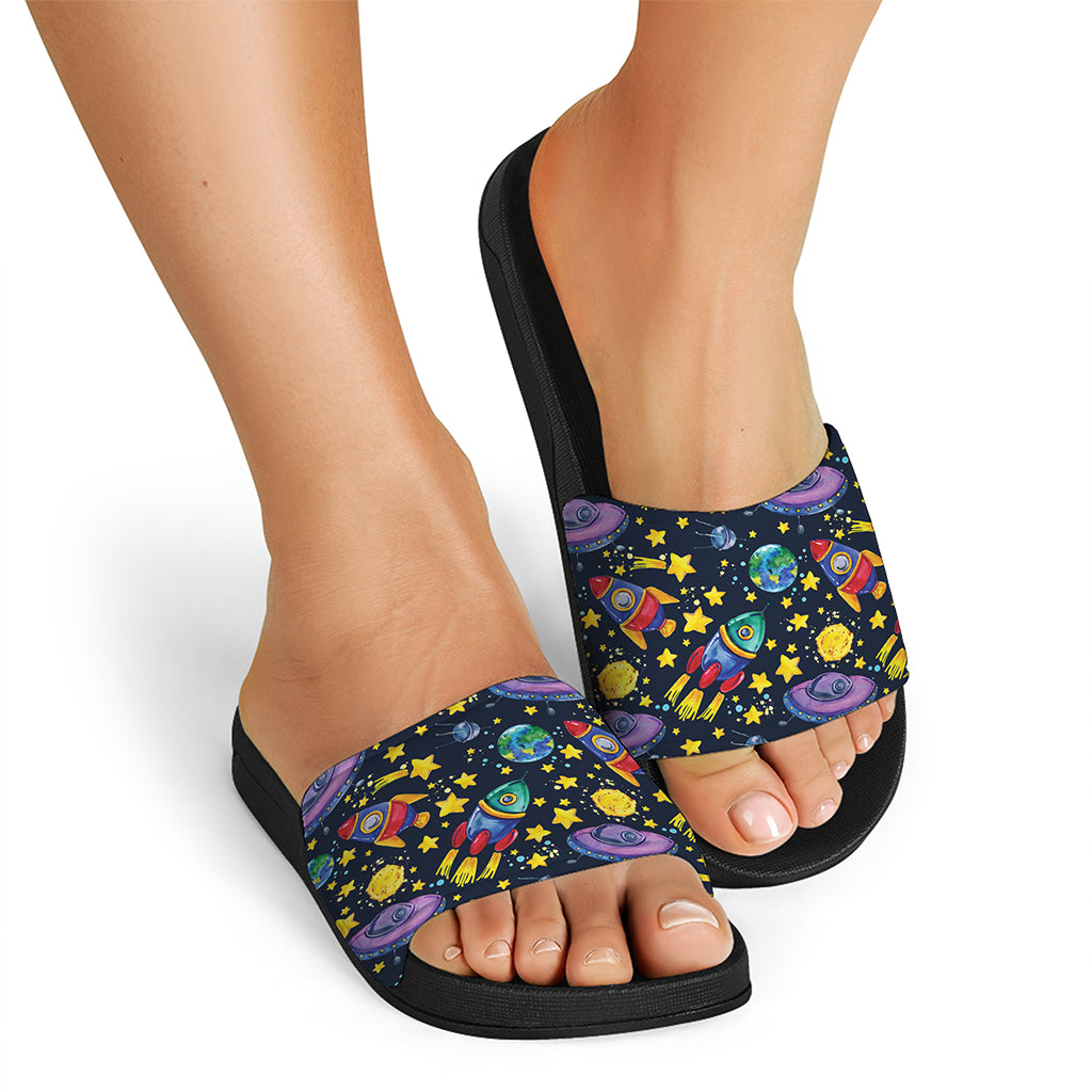 Watercolor Rocket Pattern Print Black Slide Sandals