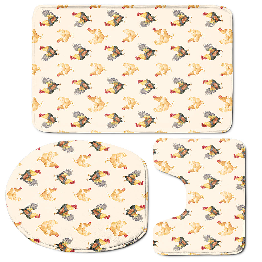 Watercolor Rooster Pattern Print 3 Piece Bath Mat Set