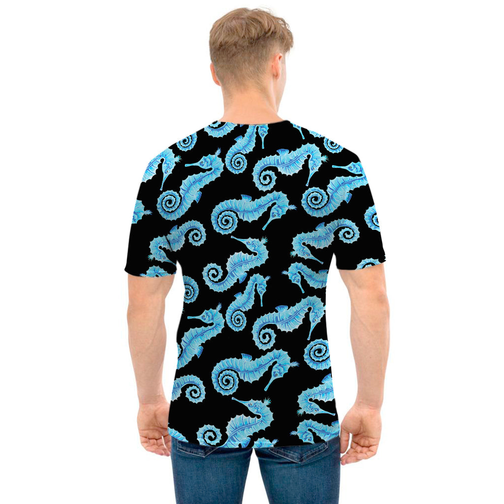 Watercolor Seahorse Pattern Print Men's T-Shirt