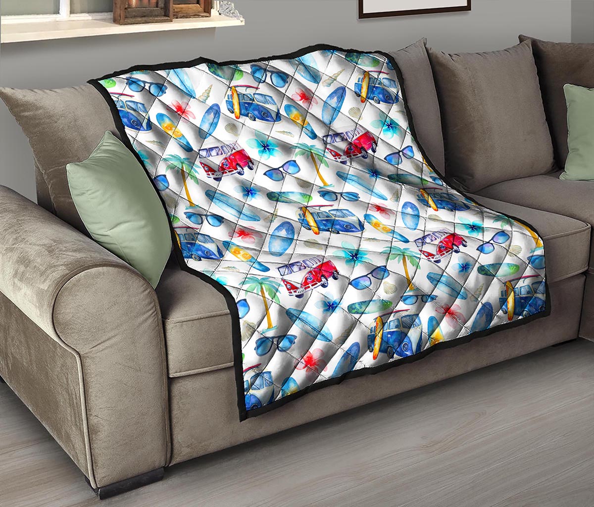 Watercolor Surfing Pattern Print Quilt