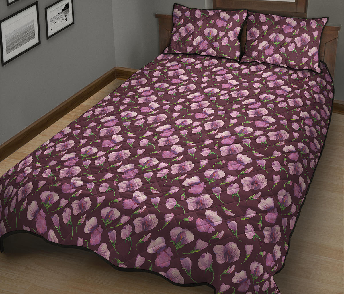 Watercolor Sweet Pea Pattern Print Quilt Bed Set