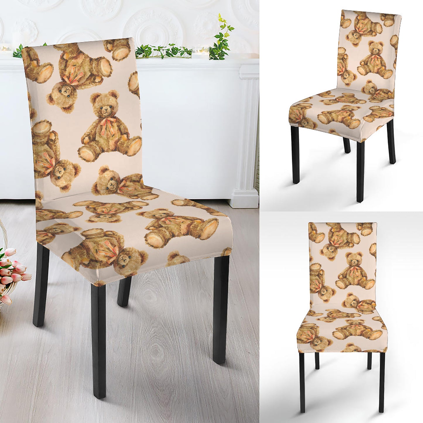 Watercolor Teddy Bear Pattern Print Dining Chair Slipcover