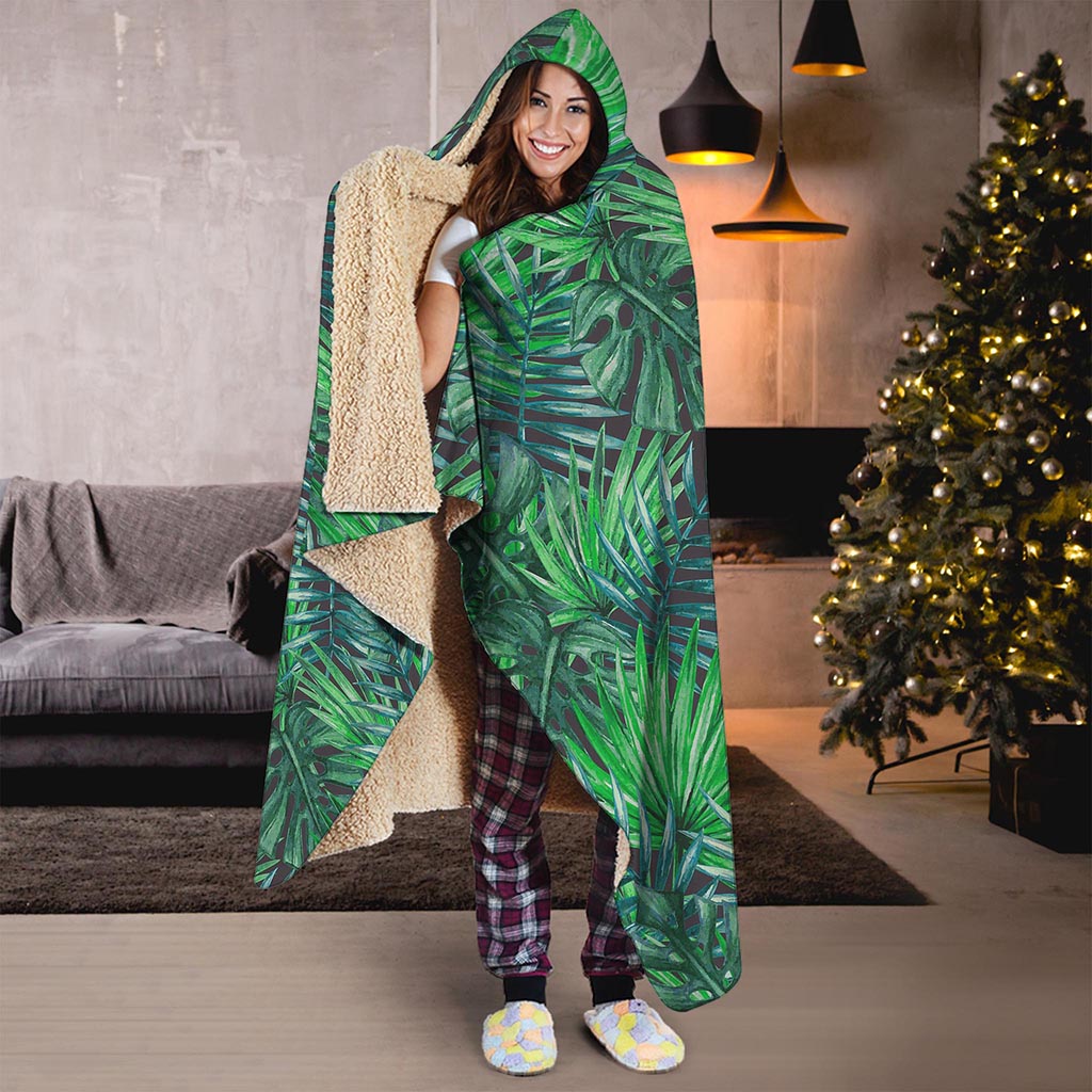 Watercolor Tropical Leaves Pattern Print Hooded Blanket