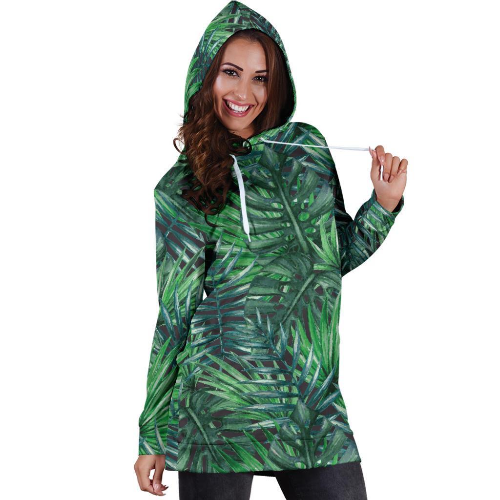 Watercolor Tropical Leaves Pattern Print Hoodie Dress GearFrost
