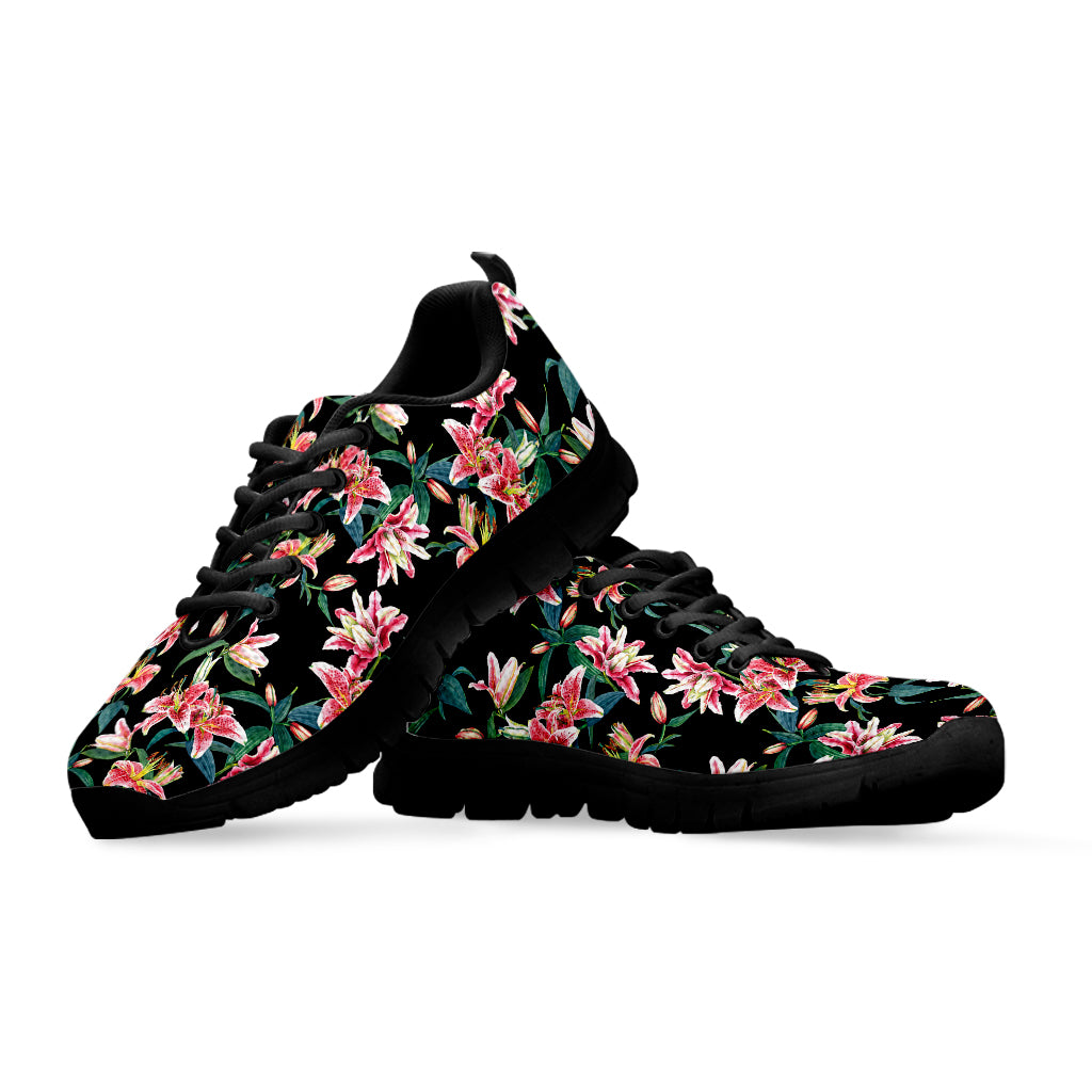 Watercolor Tropical Lily Pattern Print Black Sneakers
