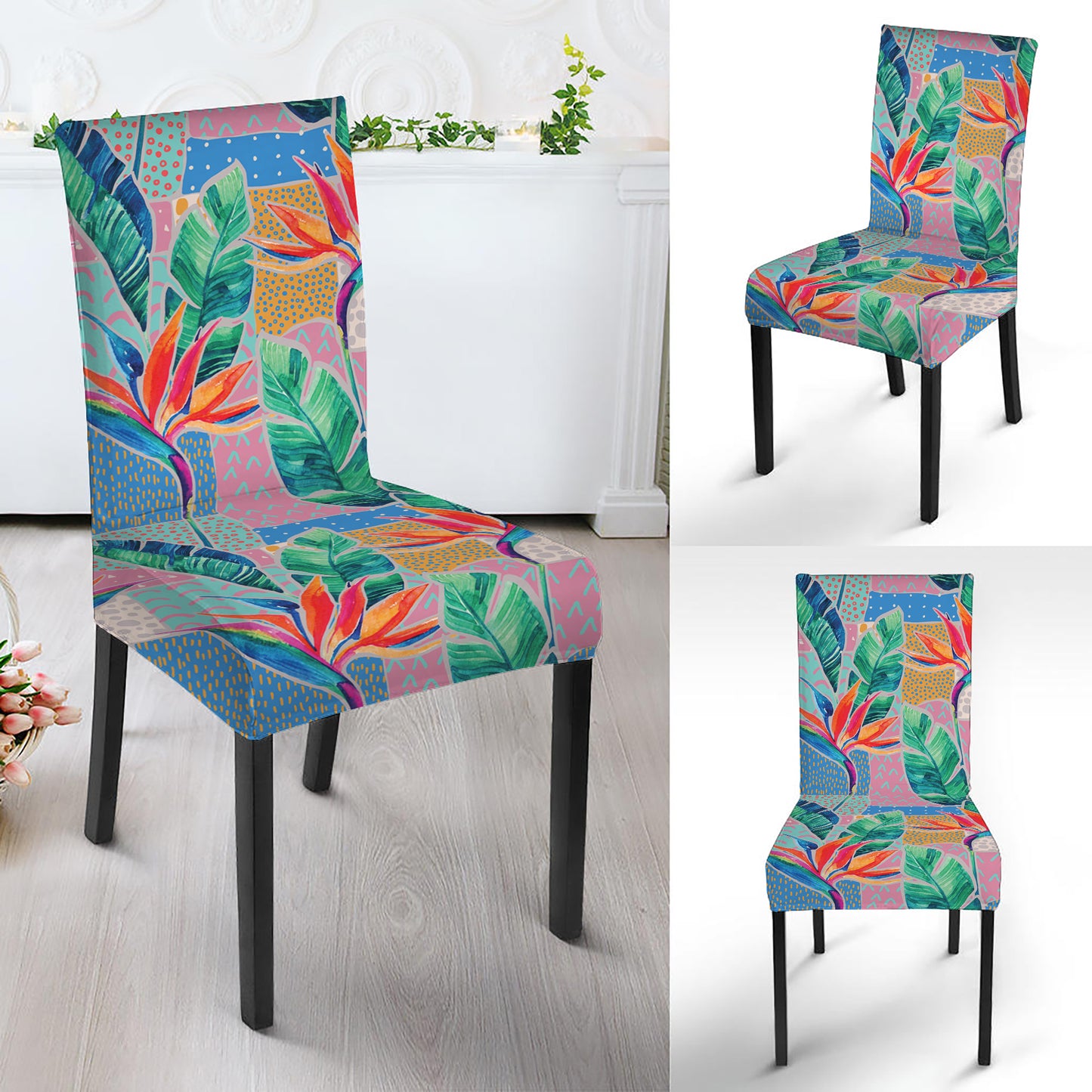 Watercolor Tropical Patchwork Print Dining Chair Slipcover