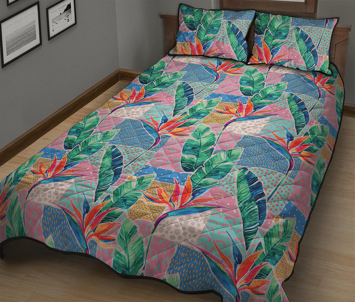 Watercolor Tropical Patchwork Print Quilt Bed Set