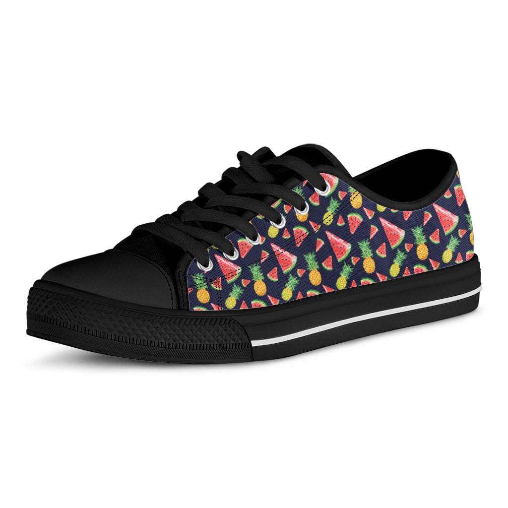 Watercolor Tropical Pattern Print Black Low Top Shoes