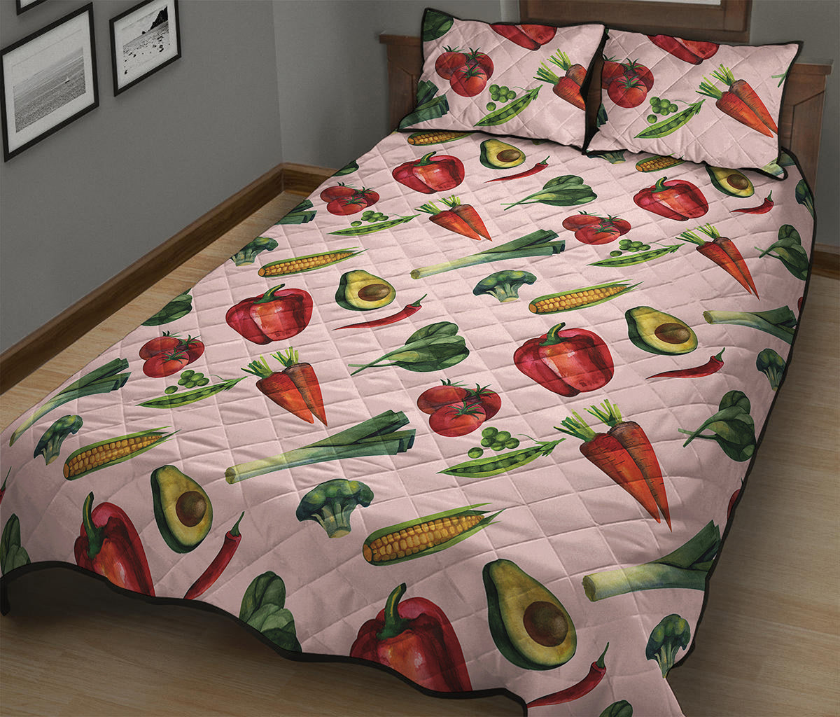 Watercolor Vegan Pattern Print Quilt Bed Set