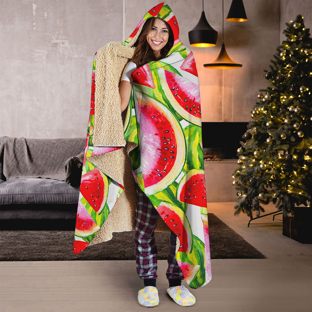 Watercolor Watermelon Pattern Print Hooded Blanket