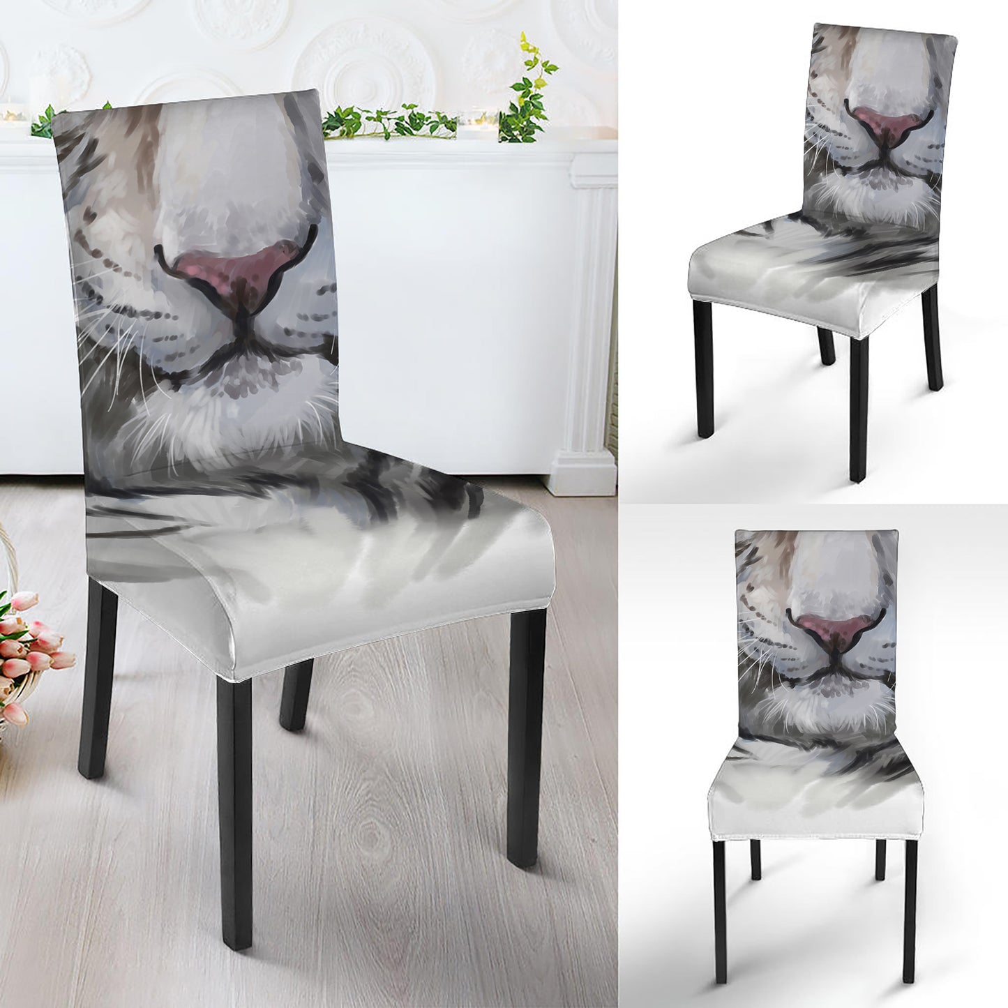 Watercolor White Bengal Tiger Print Dining Chair Slipcover