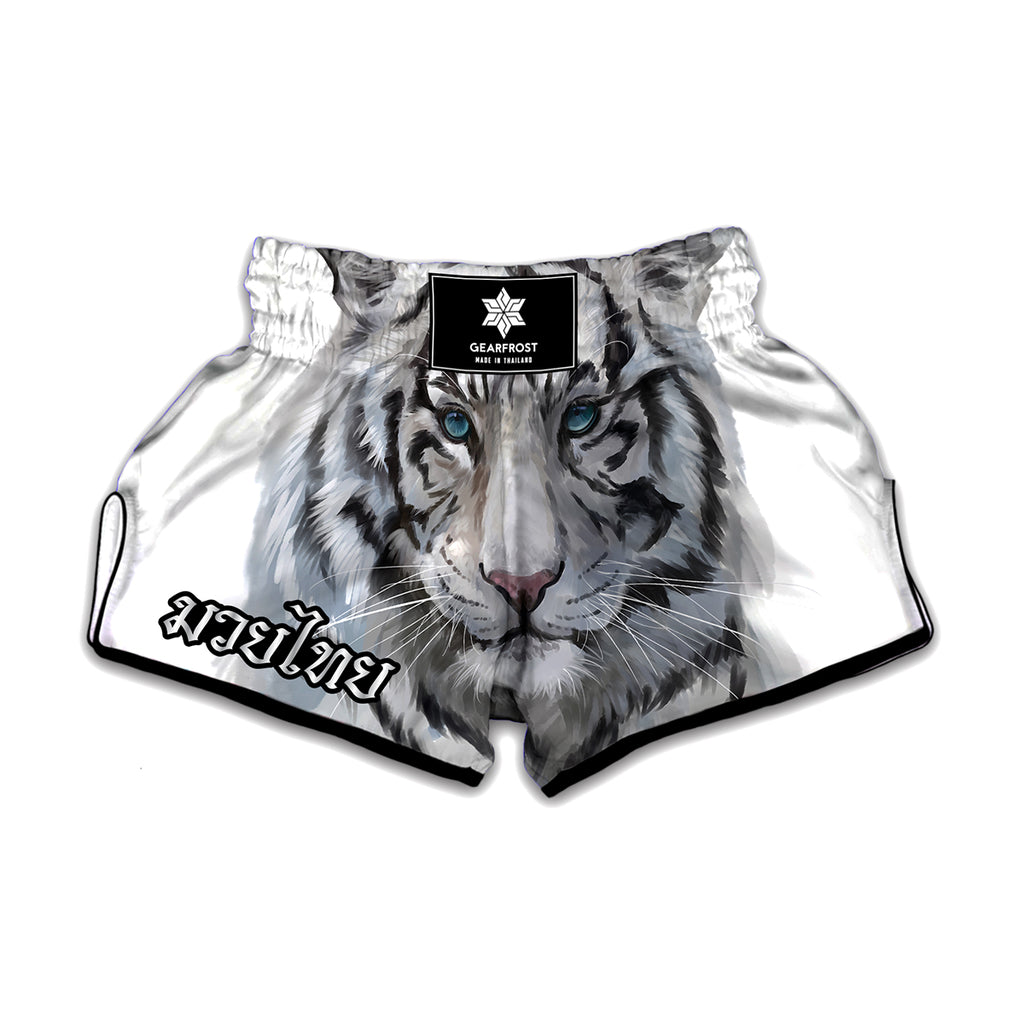 Watercolor White Bengal Tiger Print Muay Thai Boxing Shorts