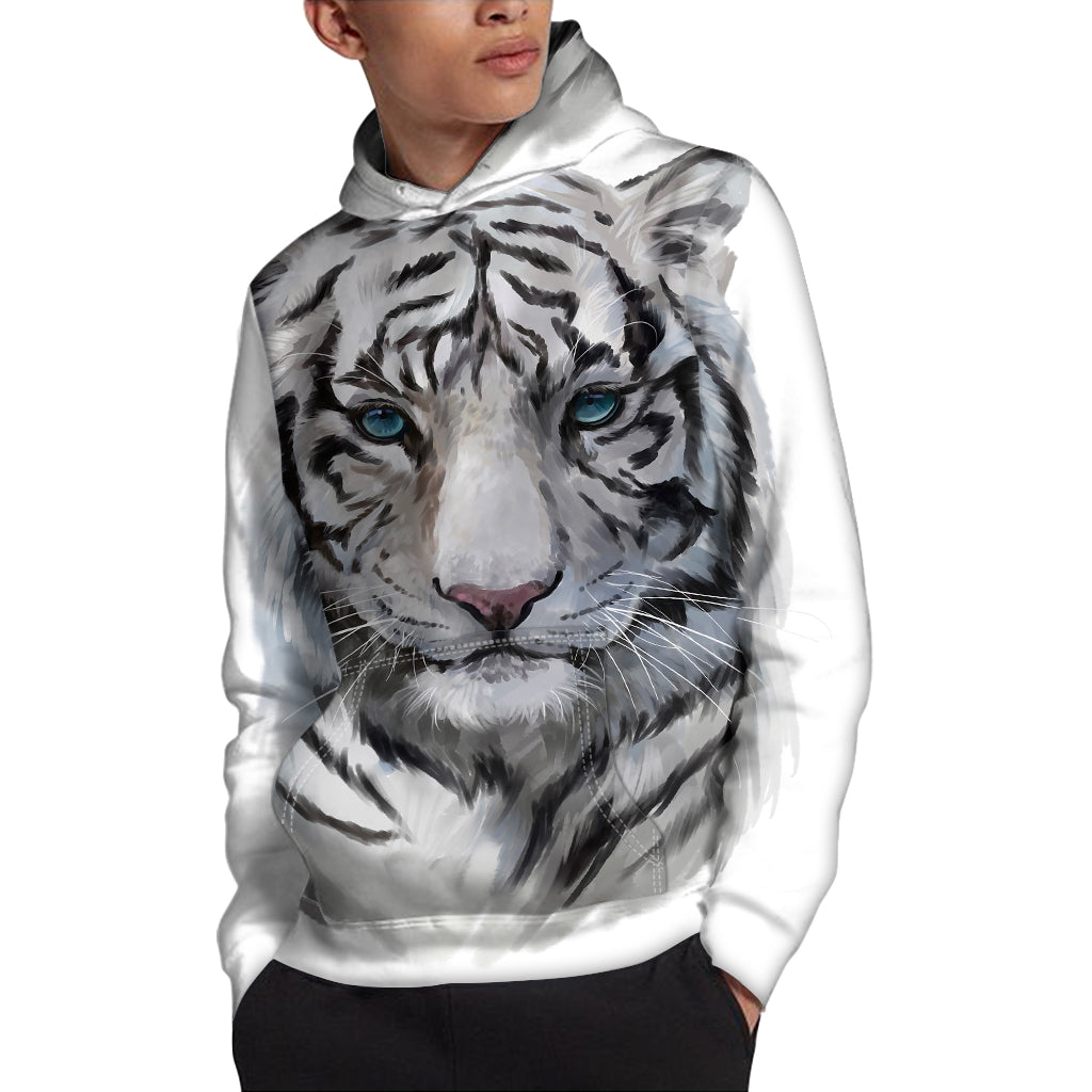 Watercolor White Bengal Tiger Print Pullover Hoodie