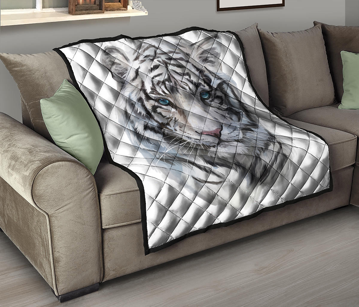 Watercolor White Bengal Tiger Print Quilt