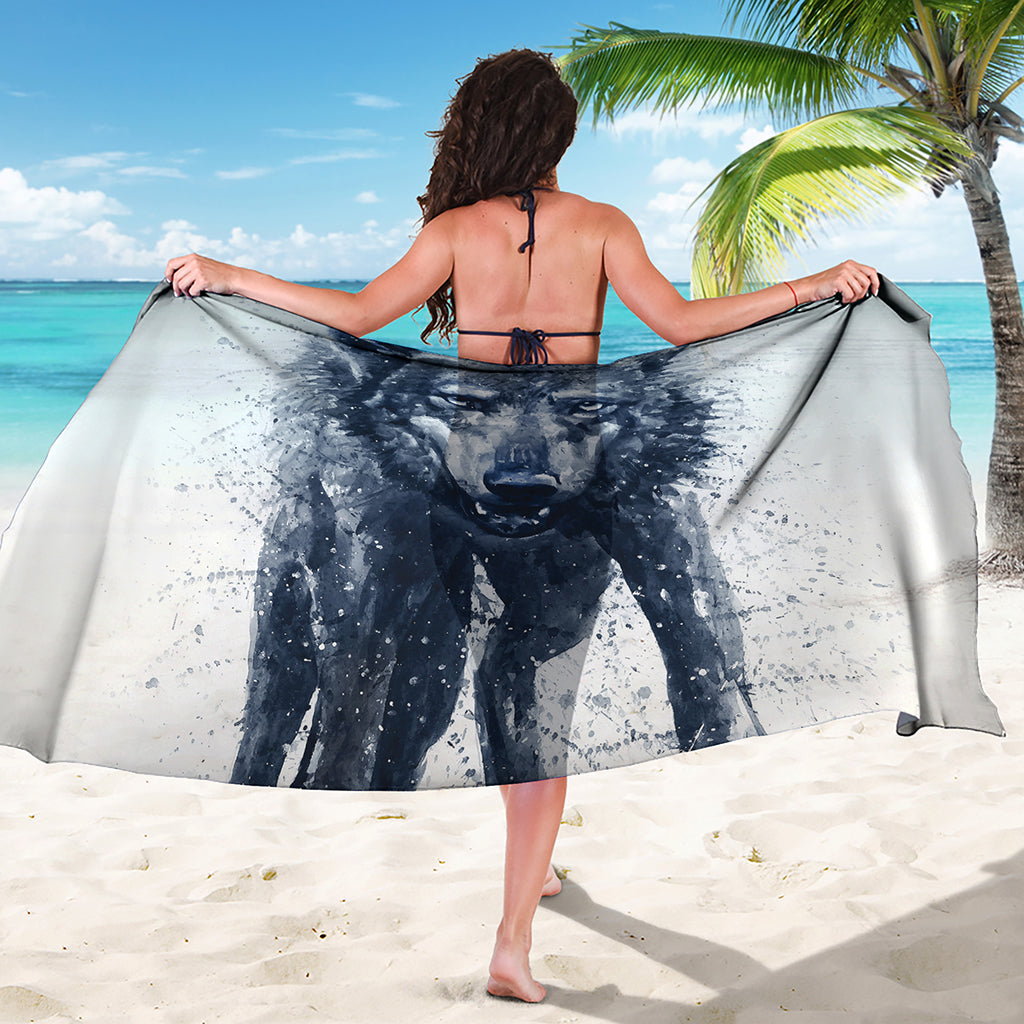 Watercolor Wolf Portrait Print Beach Sarong Wrap