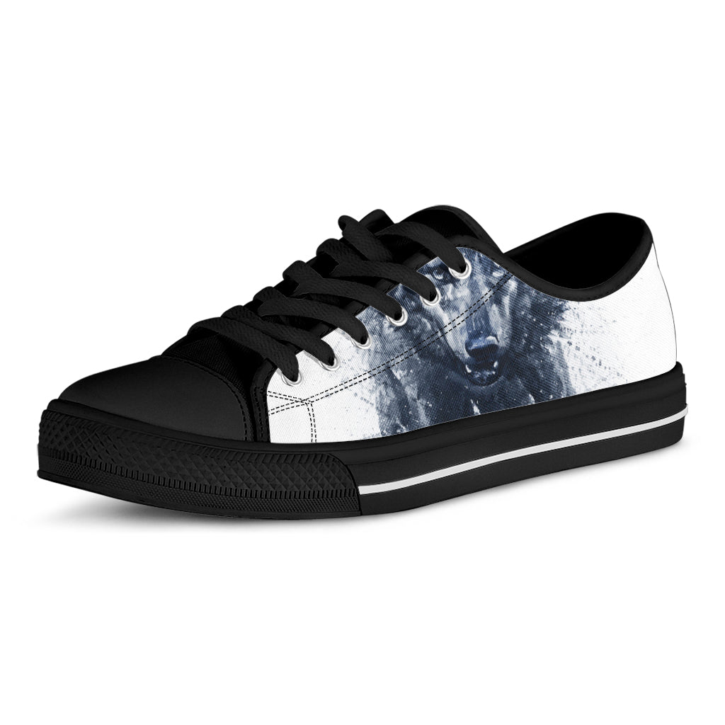 Watercolor Wolf Portrait Print Black Low Top Shoes