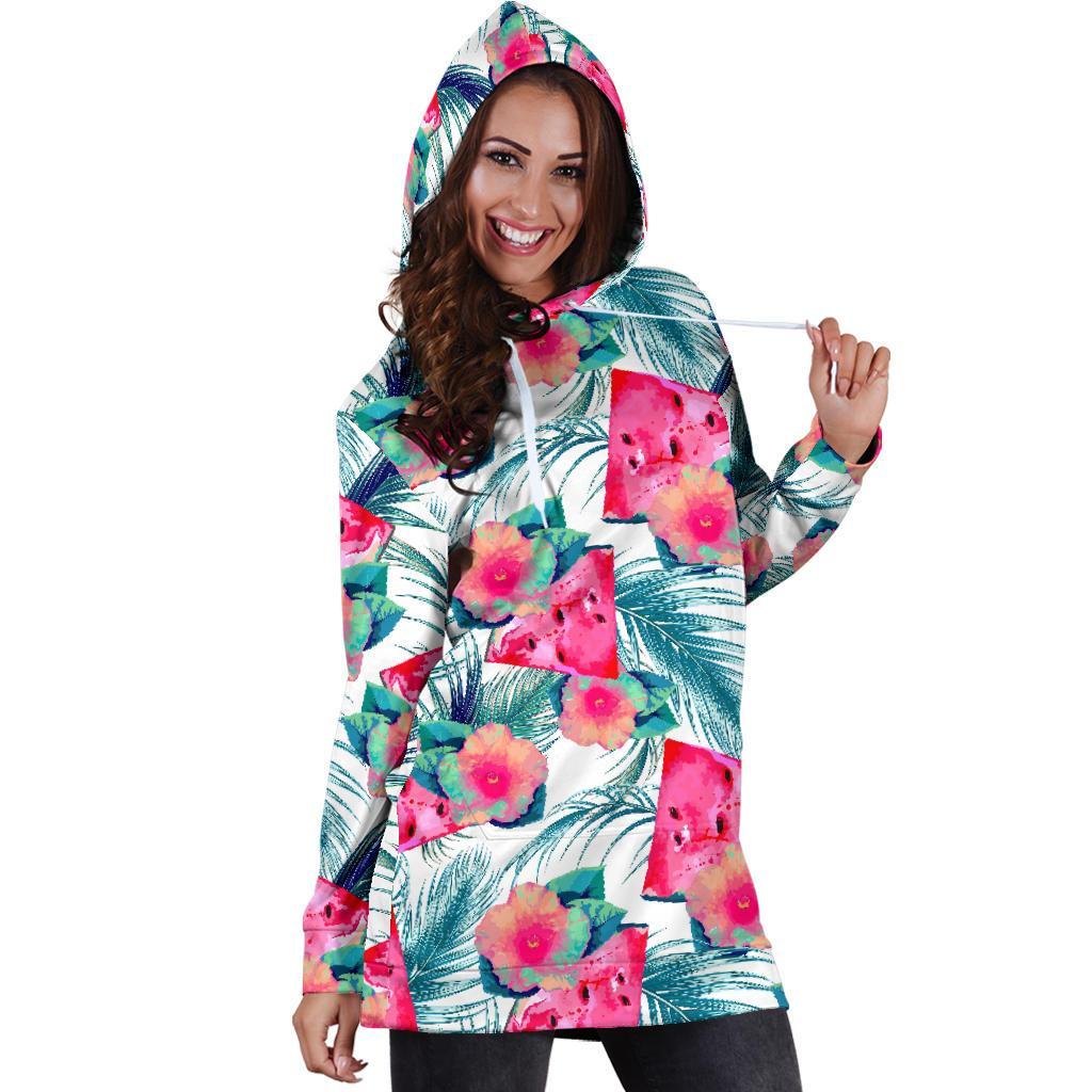 Watermelon Teal Hawaiian Pattern Print Hoodie Dress GearFrost