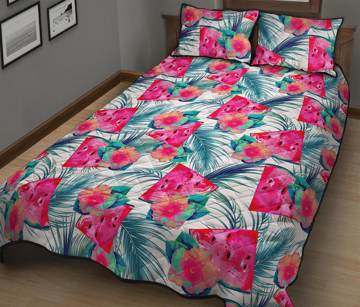 Watermelon Teal Hawaiian Pattern Print Quilt Bed Set