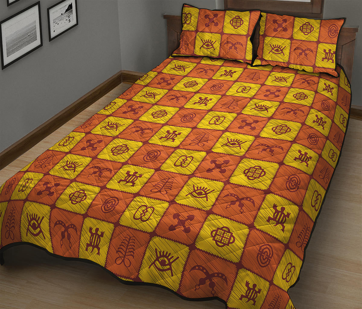 West Adinkra Symbols Pattern Print Quilt Bed Set