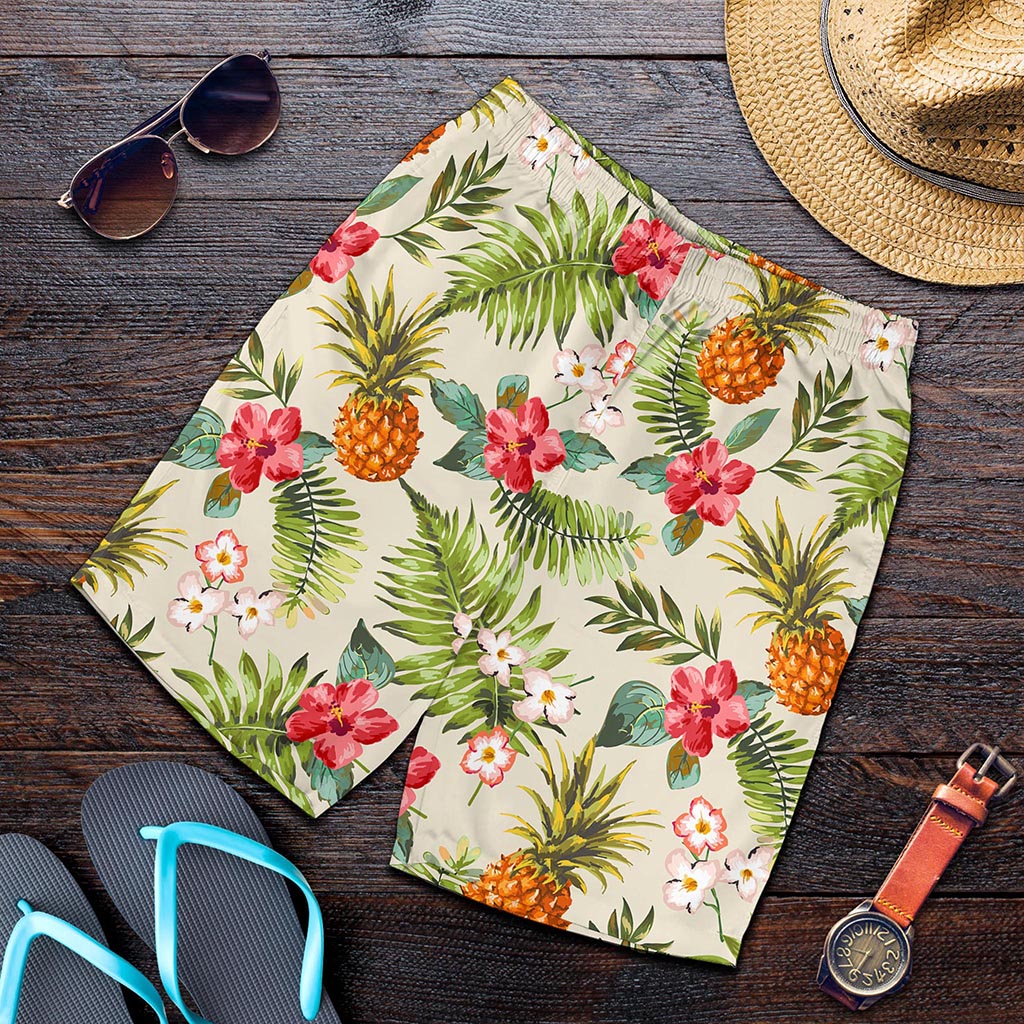 White Aloha Pineapple Pattern Print Men's Shorts